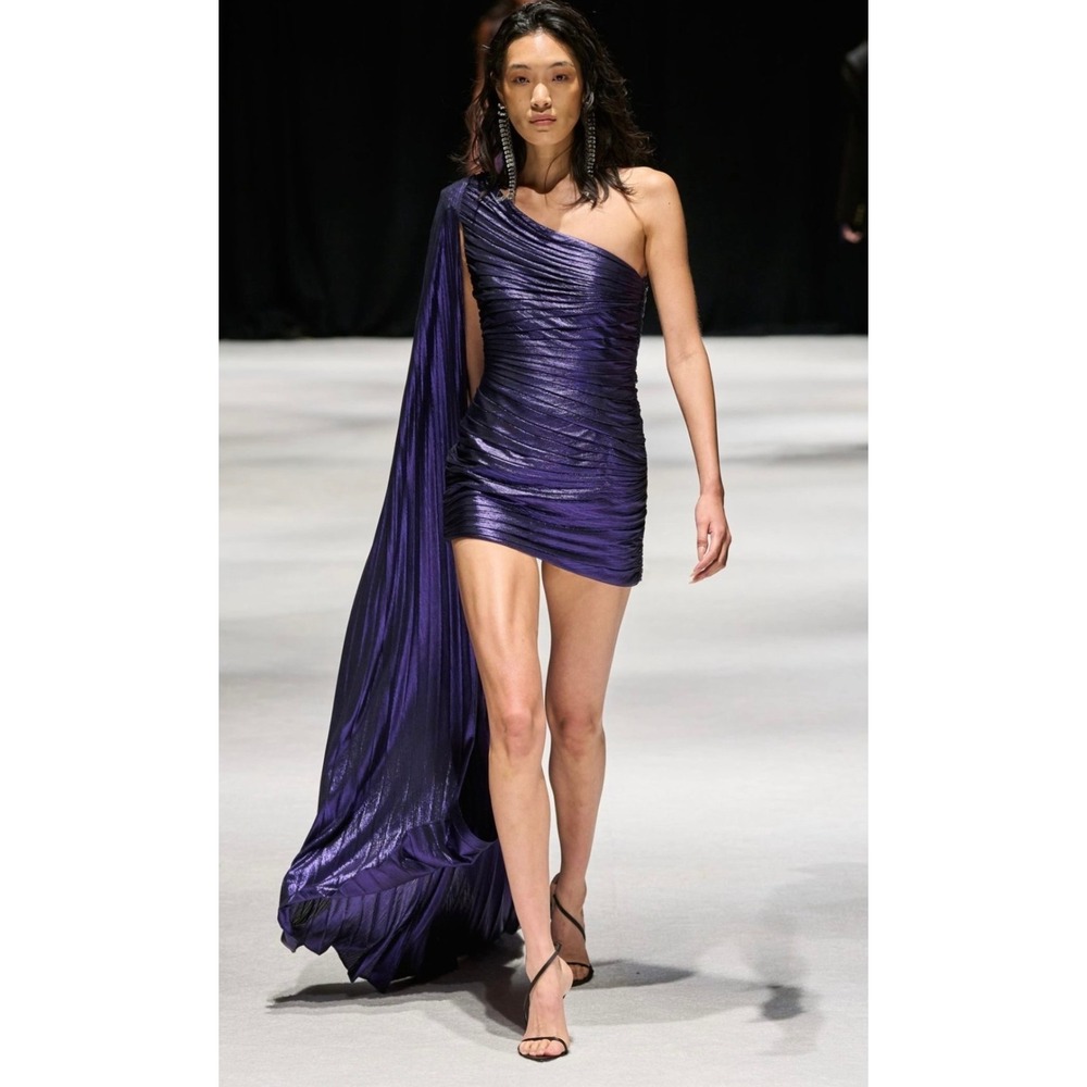 Retrofete Karena One Shoulder Ruched Metallic Mini Dress Cape Dramatic Evening L